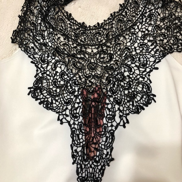 White Dress with Black Lace Deep V Neck (NWOT) - Picture 6 of 6